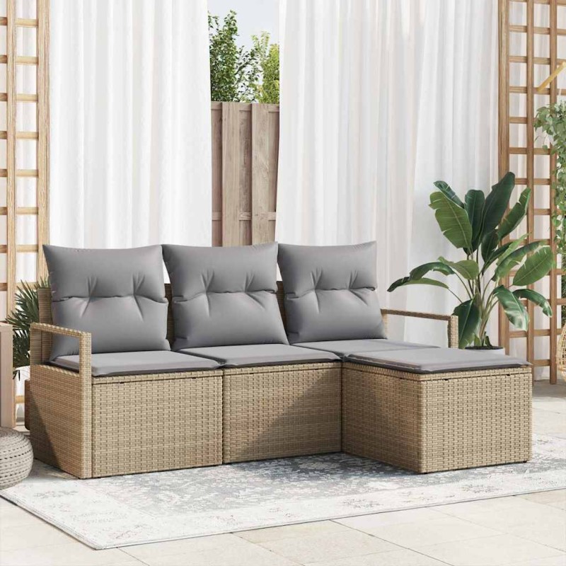 vidaXL Set di divani da giardino in 4 pezzi con cuscini beige in polirattan
