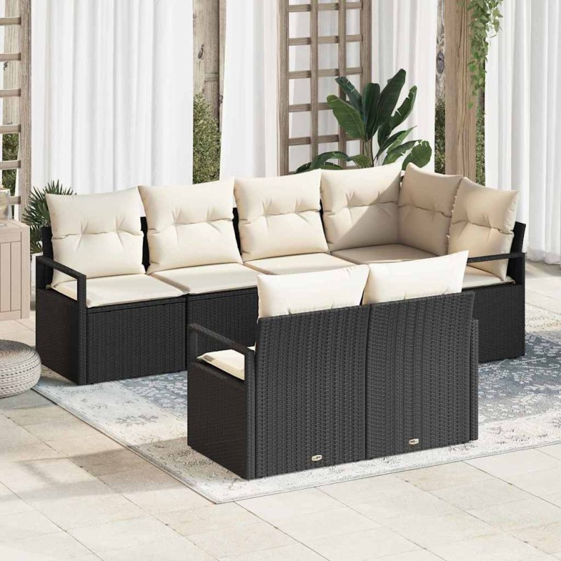 vidaXL Set di divani da giardino a 7 pezzi con cuscini in polirattan nero.