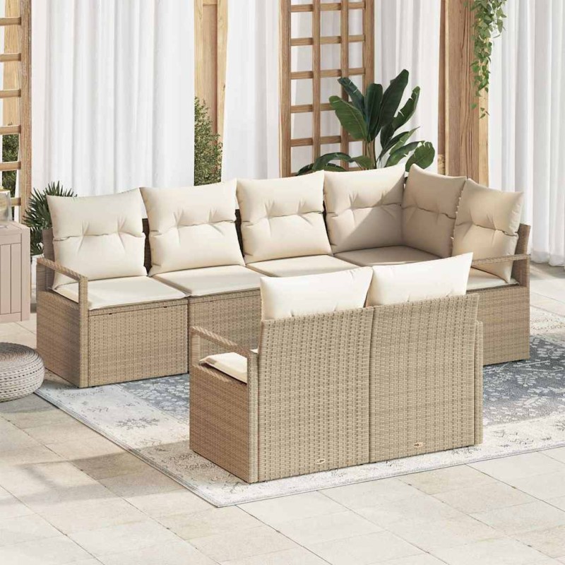 vidaXL Set di divani da giardino da 7 pezzi con cuscini beige in polirattan