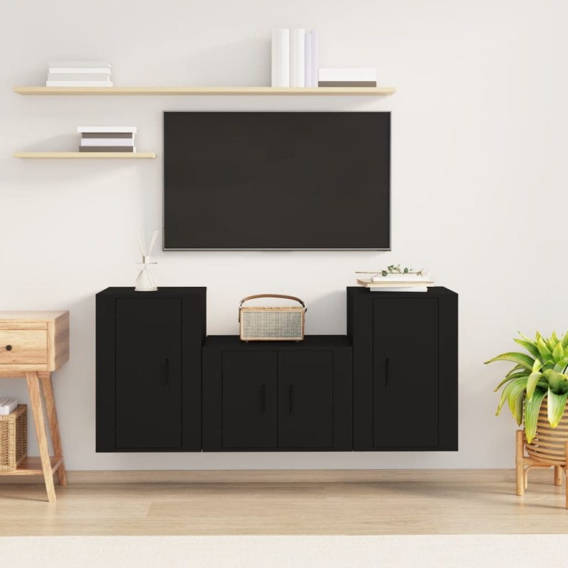 Set Mobili Porta TV 3 pz Nero in Legno Multistrato Set Mobili Porta TV 3 pz Nero in Legno Multistrato