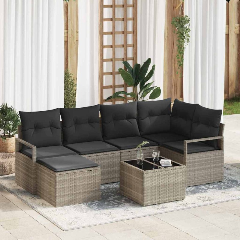 vidaXL Set di divani da giardino di 7 pezzi con cuscini grigio in poly rattan