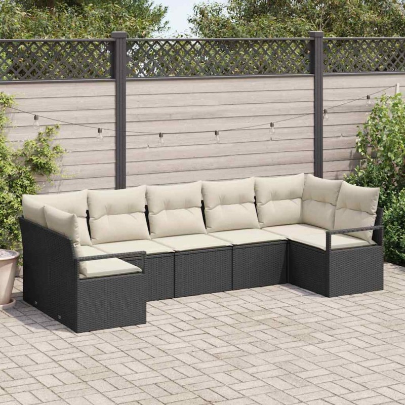 vidaXL Set di divani da giardino con 7 pezzi e cuscini neri in polirattan