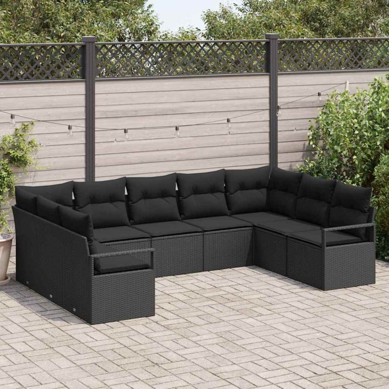 vidaXL Set di Divani da Giardino, 9 Pezzi, , con Cuscini Neri in Rattan Sintetico