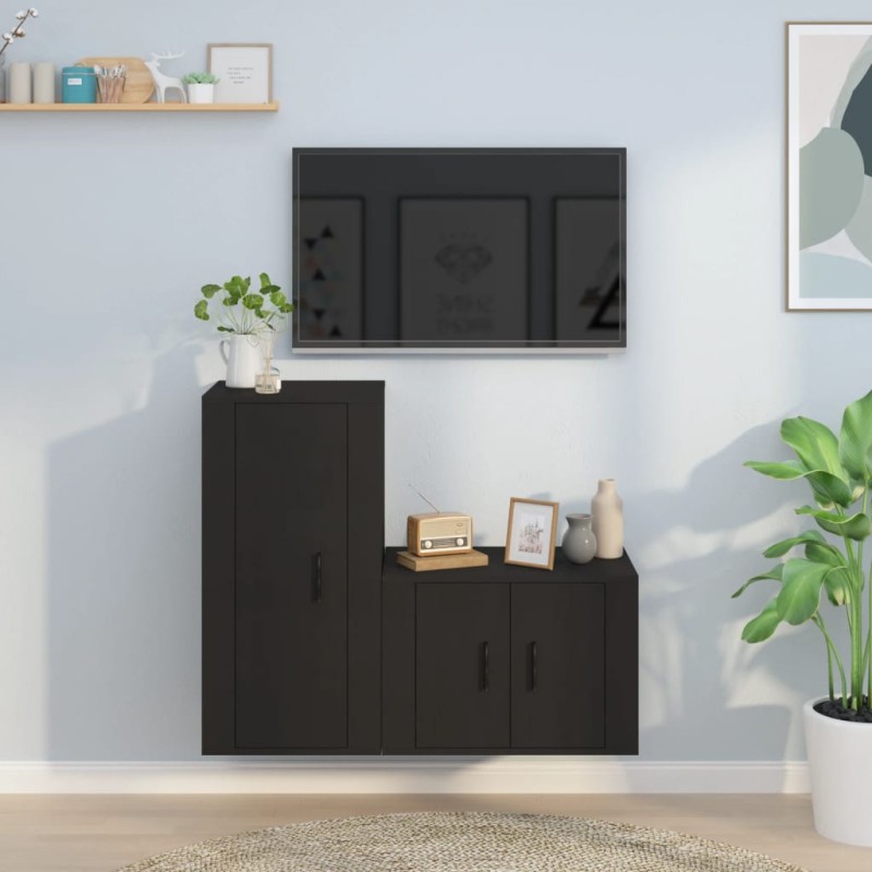 Set Mobili Porta TV 2 pz Nero in Legno Multistrato Set Mobili Porta TV 2 pz Nero in Legno Multistrato