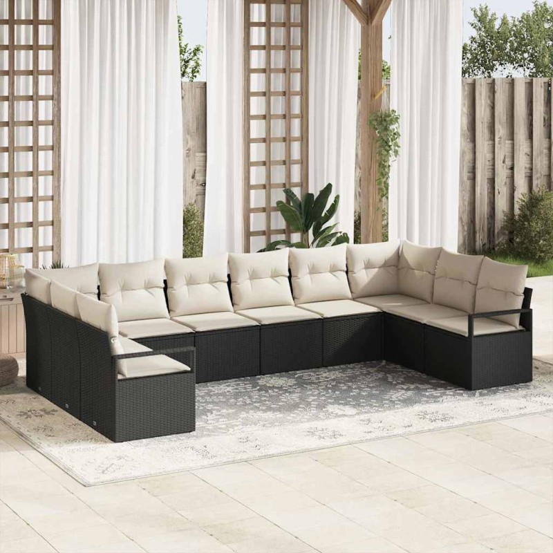 vidaXL Set di divano da giardino da 10 pezzi con cuscini in polirattan nero