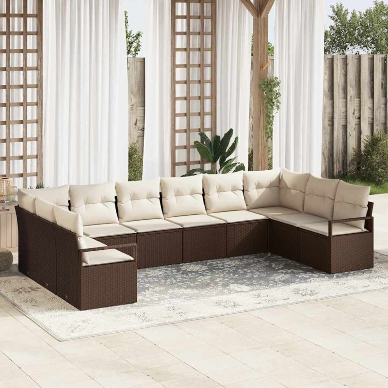 vidaXL Set di divani da giardino da 10 pezzi con cuscini in rattan sintetico marrone.