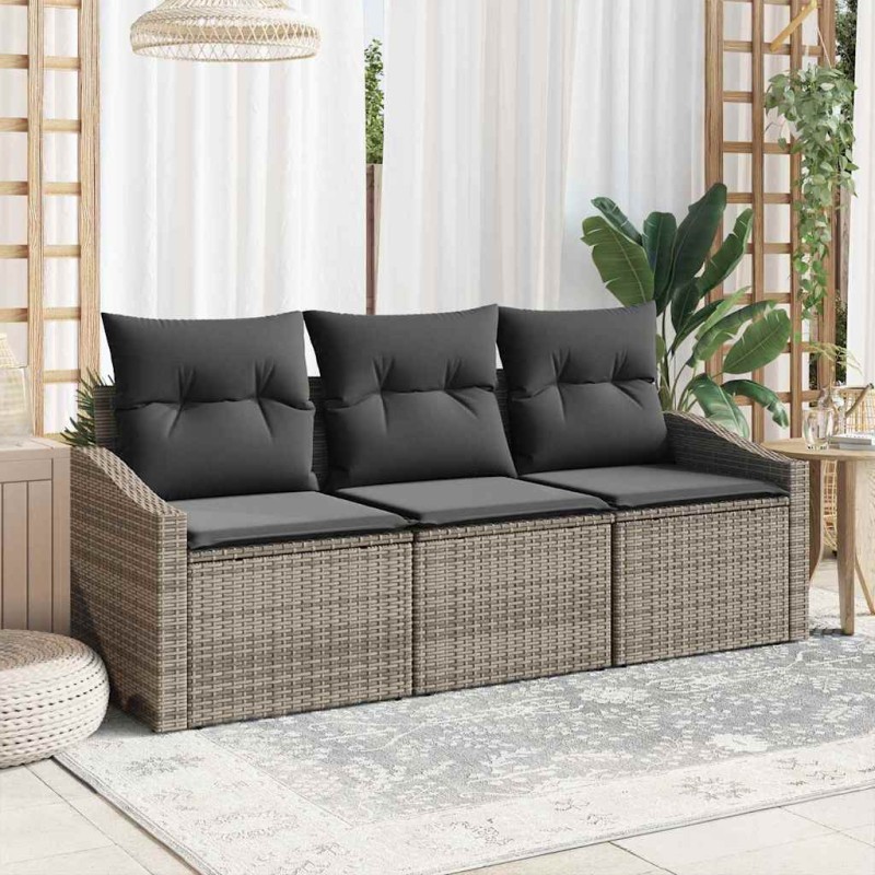 vidaXL Set da giardino in polirattan grigio, 3 pezzi con cuscini
