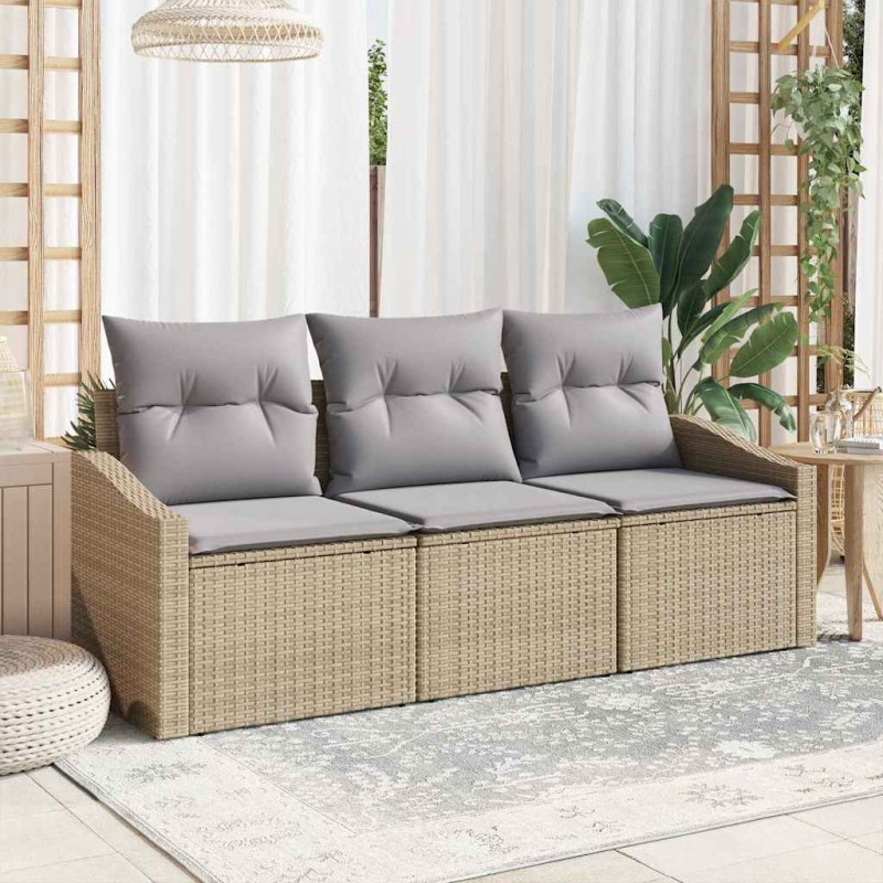 vidaXL Set da divano da giardino 3 pezzi con cuscini beige in rattan sintetico