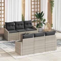 vidaXL Set Divano da Giardino 7 Pezzi con Cuscini Grigio Chiaro Polyrattan
