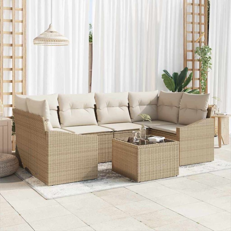 vidaXL Set di divano da giardino 7 pezzi con cuscini Beige in Rattan sintetico