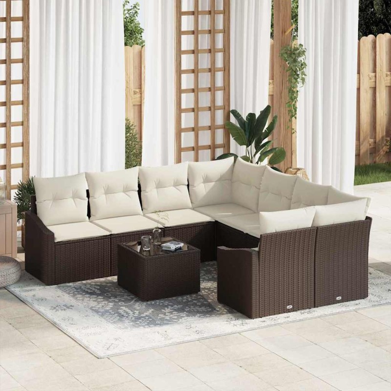 vidaXL Set Divano da Giardino 9 Pezzi con Cuscini Marrone Polirattan