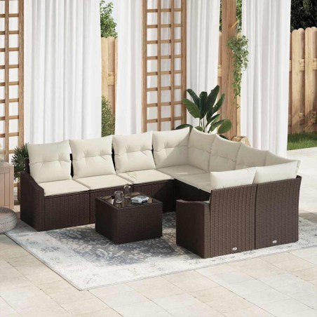 vidaXL Set Divano da Giardino 9 Pezzi con Cuscini Marrone Polirattan