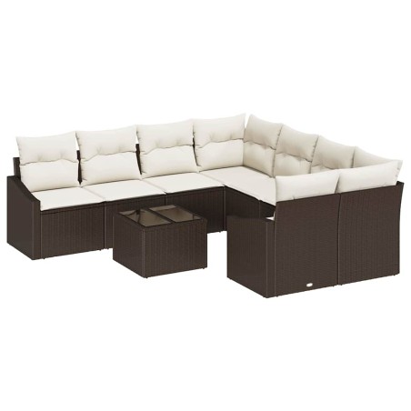 vidaXL Set Divano da Giardino 9 Pezzi con Cuscini Marrone Polirattan