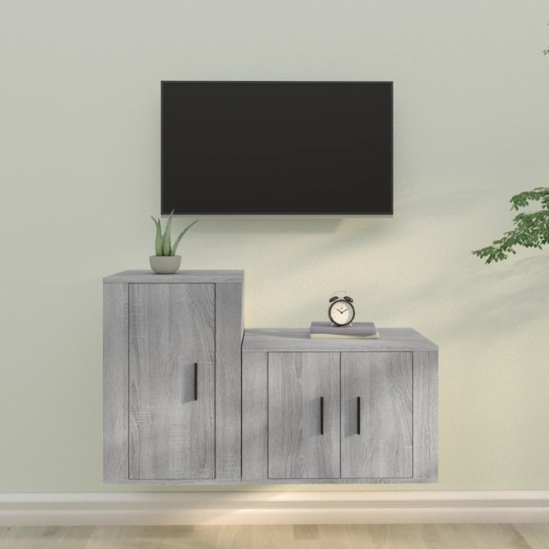 Set Mobili Porta TV 2 pz Grigio Sonoma in Legno Multistrato Set Mobili Porta TV 2 pz Grigio Sonoma in Legno Multistrato