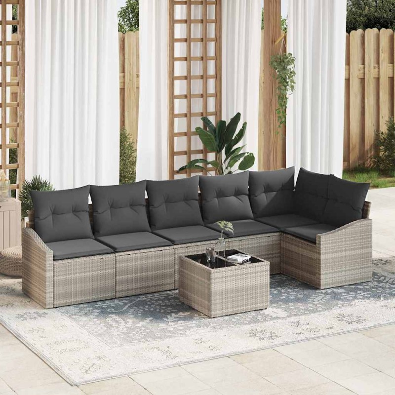 vidaXL Set da giardino con divano a 7 pezzi e cuscini grigio chiaro in rattan sintetico.