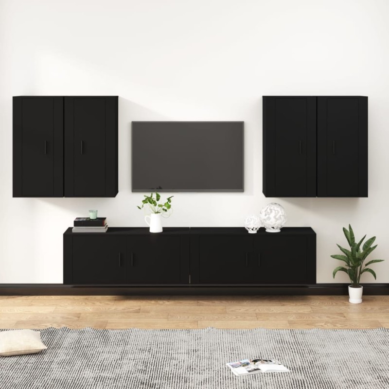 Set Mobili Porta TV 6 pz Nero in Legno Multistrato Set Mobili Porta TV 6 pz Nero in Legno Multistrato