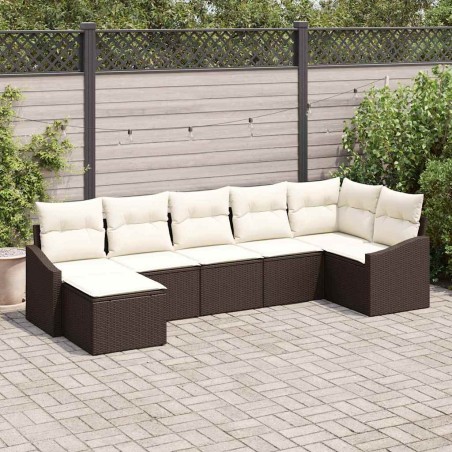 vidaXL Set di divani da giardino a 7 pezzi con cuscini, color marrone, in rattan sintetico