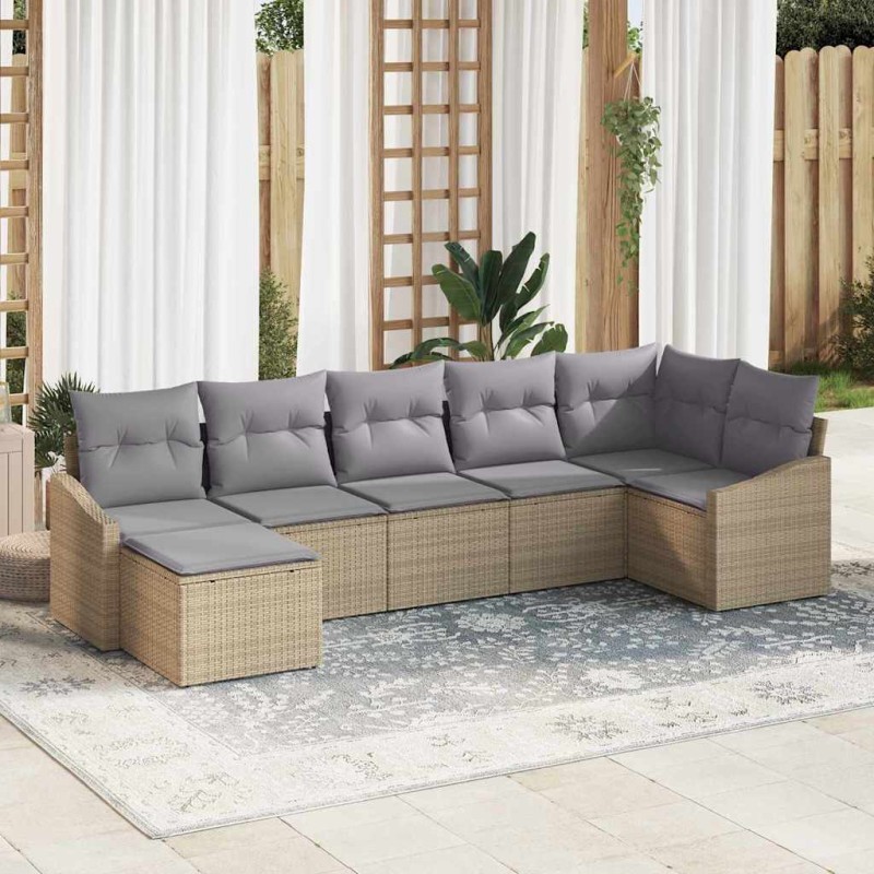 vidaXL Set Divano da Giardino 7 Pezzi con Cuscini Beige in Rattan