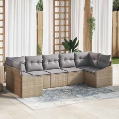 vidaXL Set di divano da giardino 7 pezzi con cuscini beige in polirattan