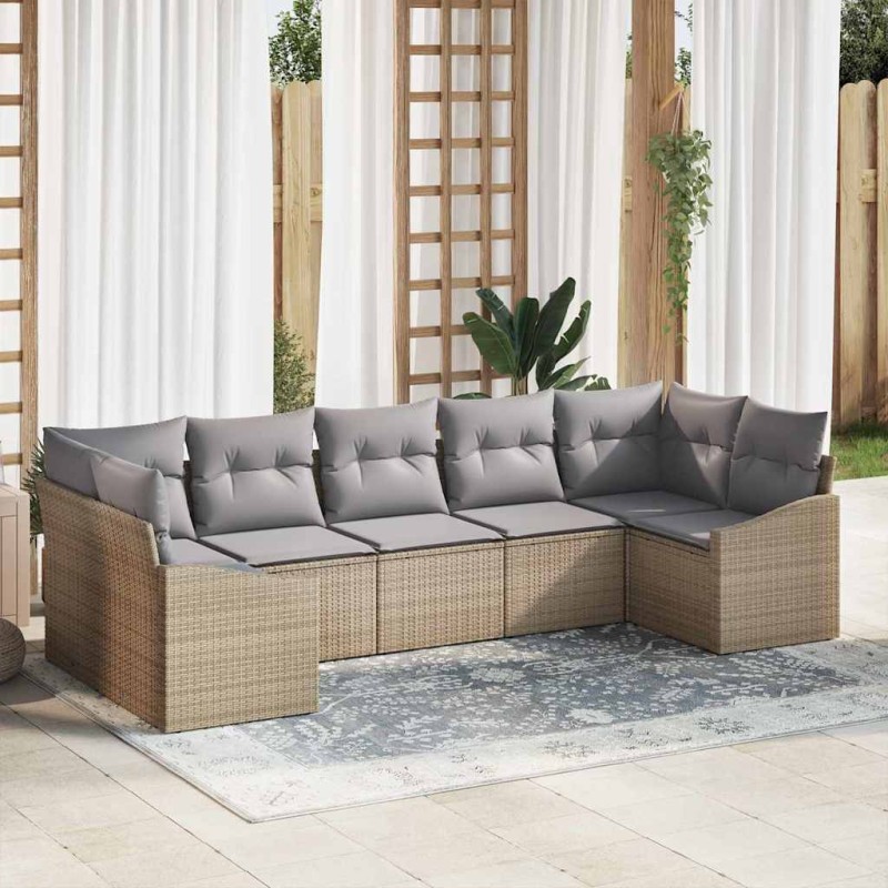 vidaXL Set di divano da giardino 7 pezzi con cuscini beige in polirattan