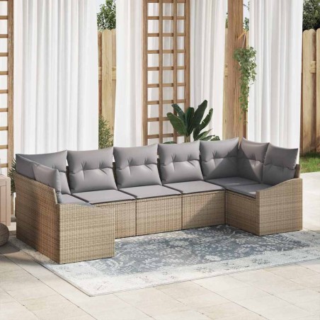 vidaXL Set di divano da giardino 7 pezzi con cuscini beige in polirattan