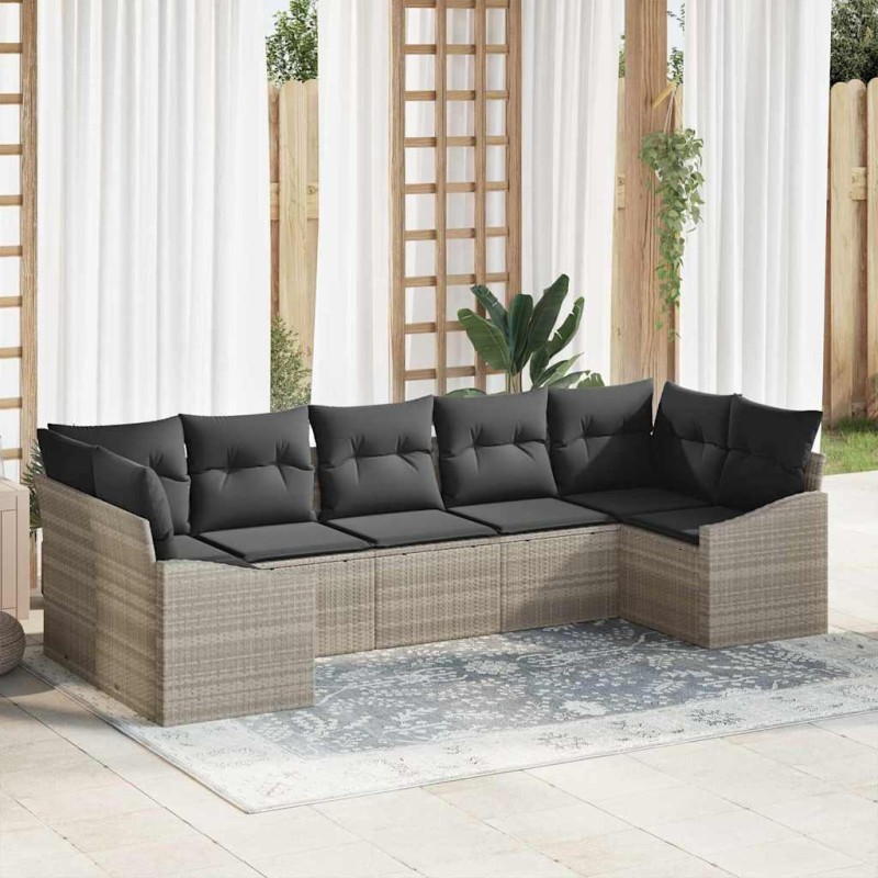 vidaXL Set da giardino in polirattan con 7 pezzi e cuscini grigio chiaro