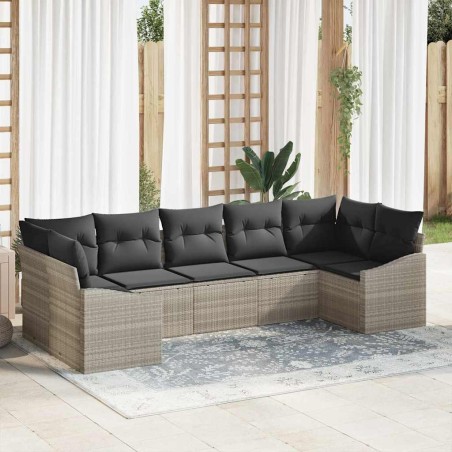 vidaXL Set da giardino in polirattan con 7 pezzi e cuscini grigio chiaro