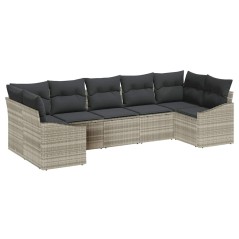 vidaXL Set da giardino in polirattan con 7 pezzi e cuscini grigio chiaro