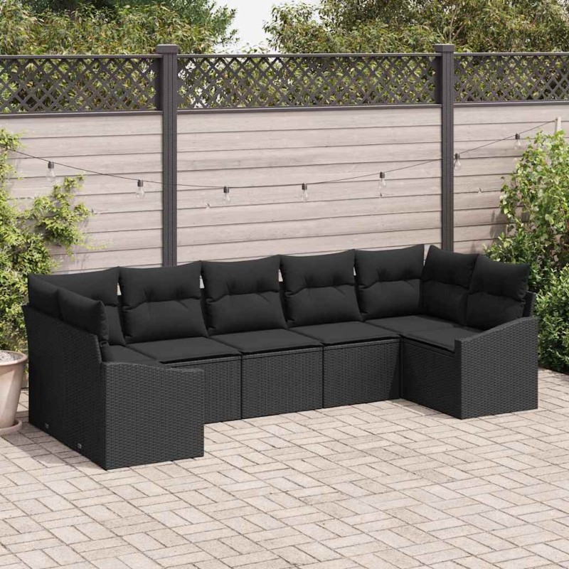 vidaXL Set divano da giardino 7 pezzi con cuscini in polirattan nero