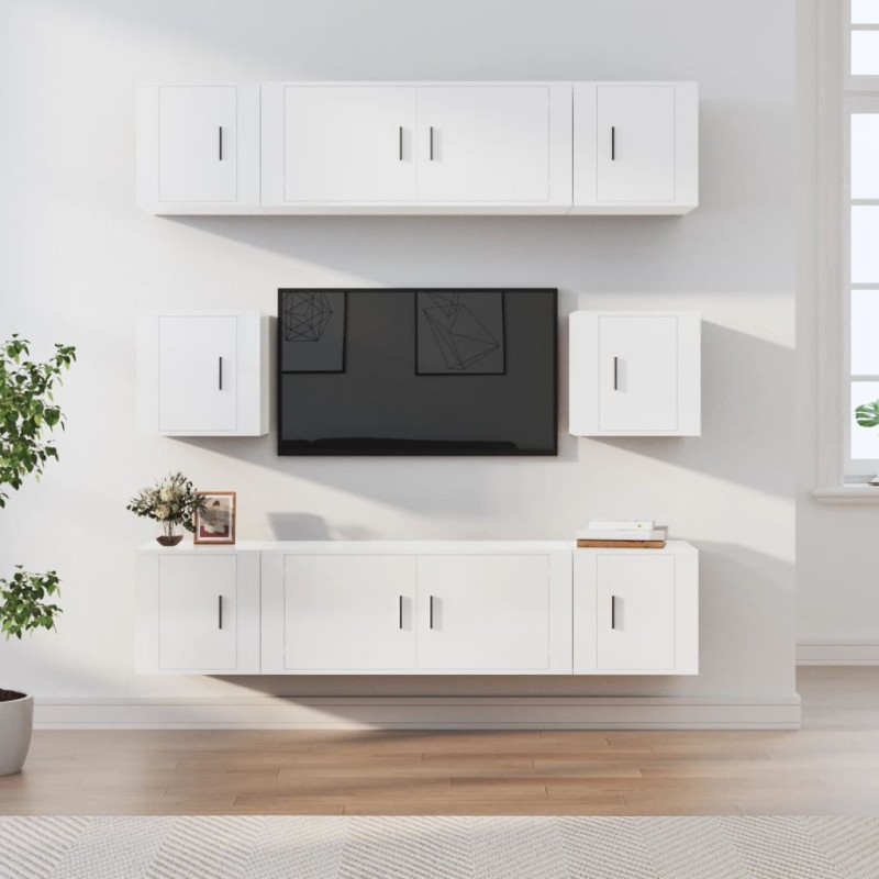 Set Mobili Porta TV 8pz Bianco Lucido in Legno Multistrato Set Mobili Porta TV 8pz Bianco Lucido in Legno Multistrato