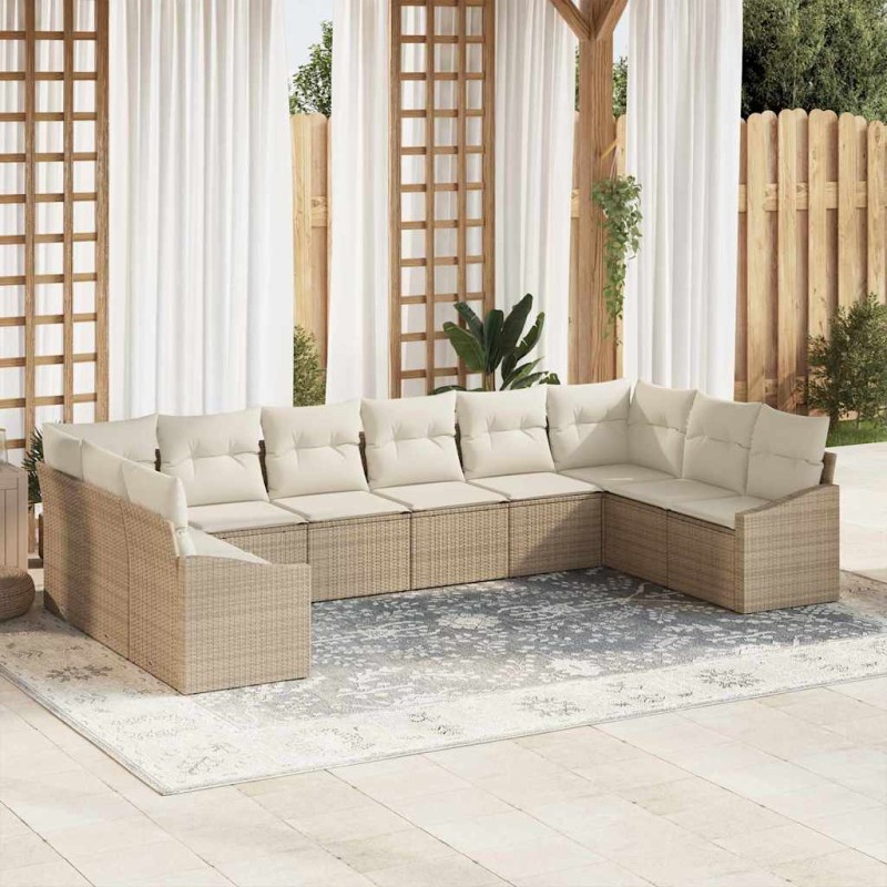 vidaXL Set di divani da giardino con cuscini, 10 pezzi, beige, in rattan sintetico.