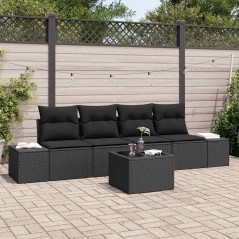 vidaXL Set Divano da Giardino 5 Pezzi con Cuscini Nero Polyrattan