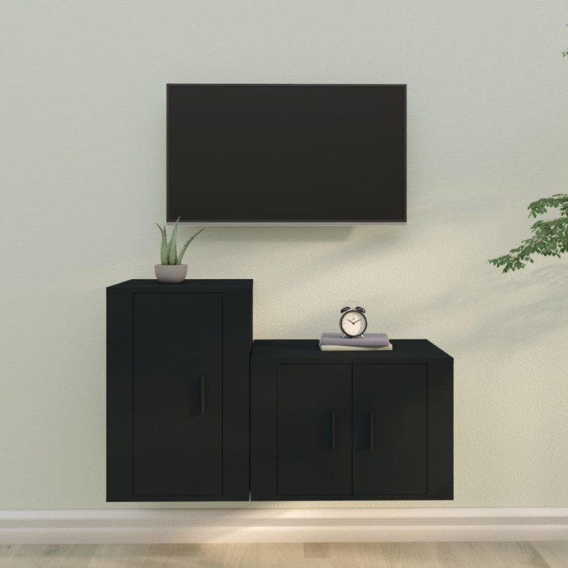 Set Mobili Porta TV 2 pz Nero in Legno Multistrato Set Mobili Porta TV 2 pz Nero in Legno Multistrato