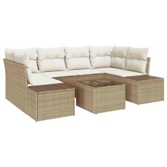 vidaXL Set di divani da giardino 7 pezzi con cuscini beige in polirattan