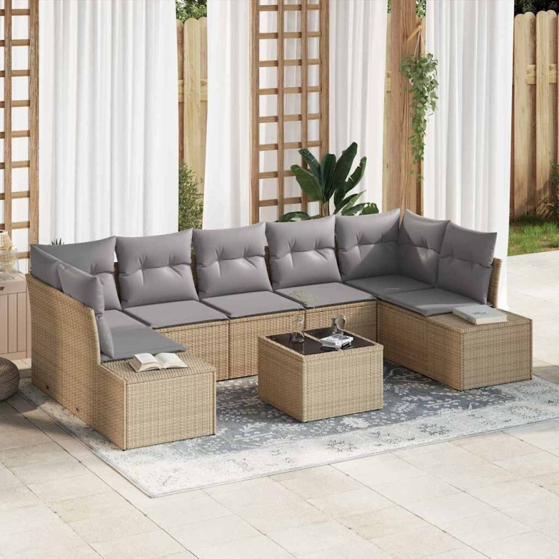 vidaXL Set di divani da giardino 8 pezzi con cuscini beige in poly rattan.