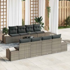vidaXL Set di divani da giardino 9 pezzi con cuscini in polirattan grigio