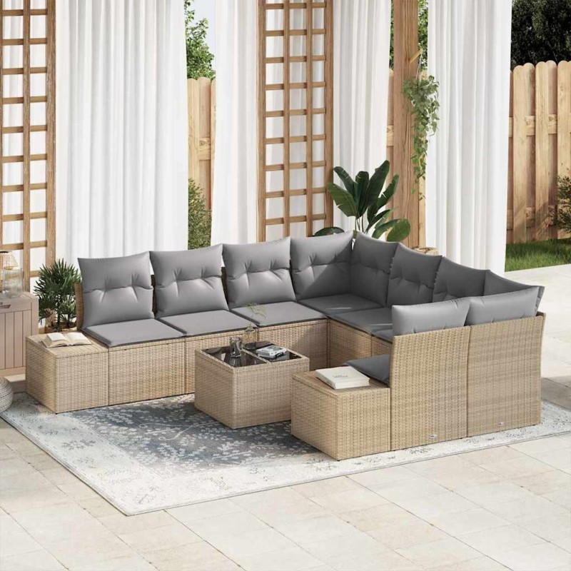 vidaXL Set di Divani da Giardino - 9 Pezzi, Cuscini Beige in Rattan Sintetico