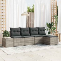vidaXL Set di divani da giardino , 5 pezzi, con cuscini grigio chiaro in rattan sintetico.