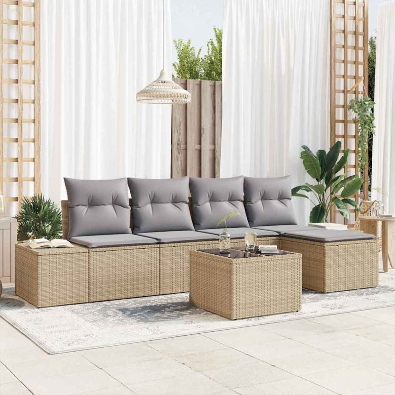 vidaXL Set di divani da giardino in 6 pezzi con cuscini in rattan polimerico nero.