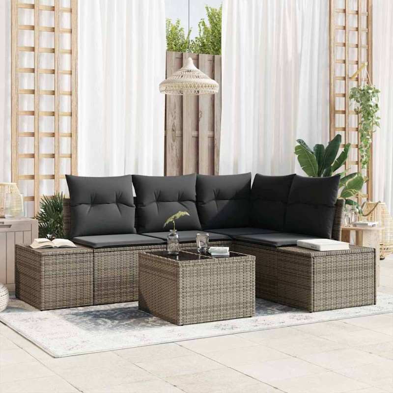 vidaXL Set di divani da giardino 5 pezzi con cuscini grigi in rattan sintetico vidaXL Set di divani da giardino 5 pezzi con cuscini grigi in rattan sintetico
