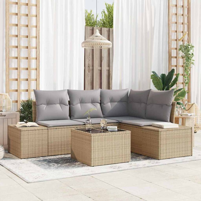 vidaXL Set di divani da giardino in 5 pezzi con cuscini neri in polyrattan vidaXL Set di divani da giardino in 5 pezzi con cuscini neri in polyrattan