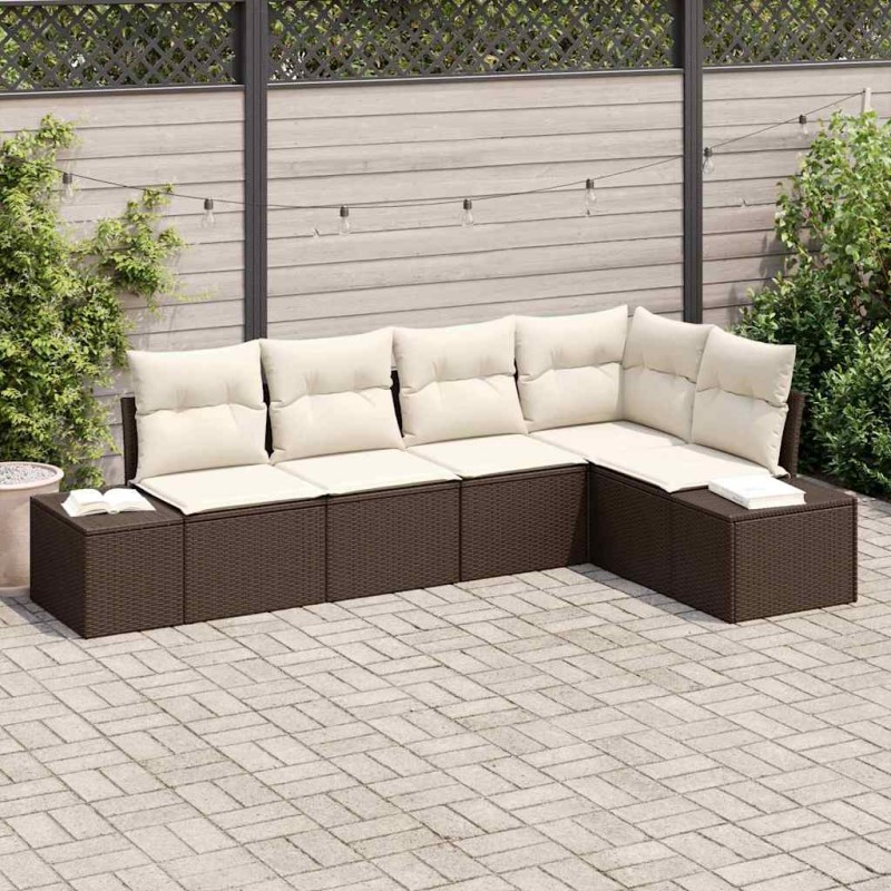 vidaXL Set di divani da giardino in 5 pezzi con cuscini in rattan sintetico marrone