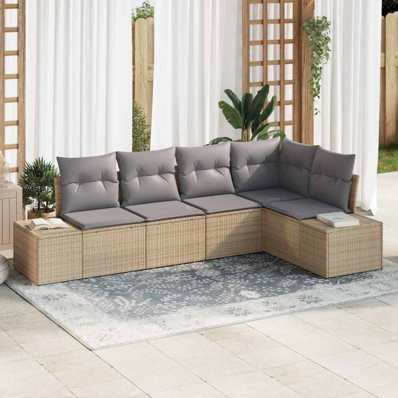 vidaXL Set di divani da giardino 5 pezzi con cuscini, rattan sintetico beige