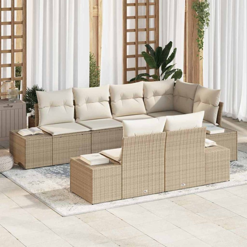 vidaXL Set Divano da Giardino 7 Pezzi con Cuscini Beige Polyarattan