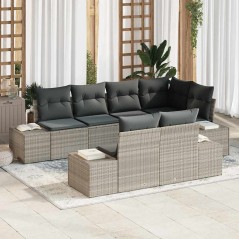 vidaXL Set di Divani da Giardino in 7 Pezzi con Cuscini Grigio Chiaro Polyrattan