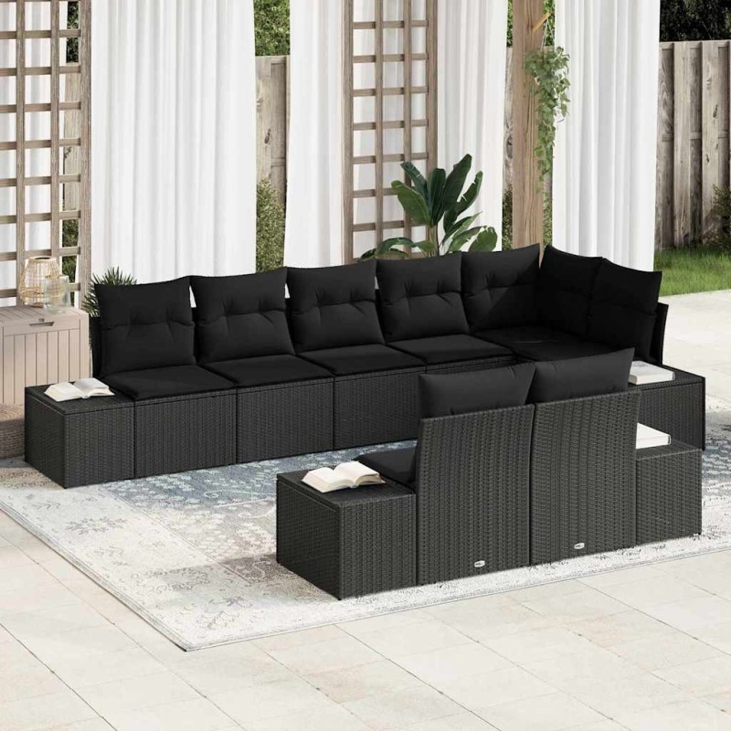 vidaXL Set Divano da Giardino 8 Pezzi con Cuscini Nero in Polyrattan