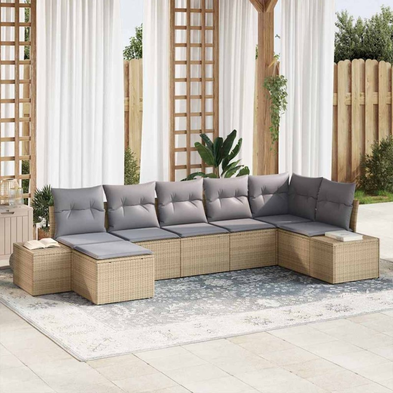 vidaXL Set di divani da giardino da 7 pezzi con cuscini in polirattan beige