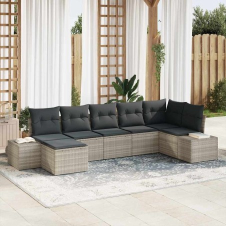 vidaXL Set Divano da Giardino 7 Pezzi con Cuscini Grigio Chiaro Rattan Sintetico