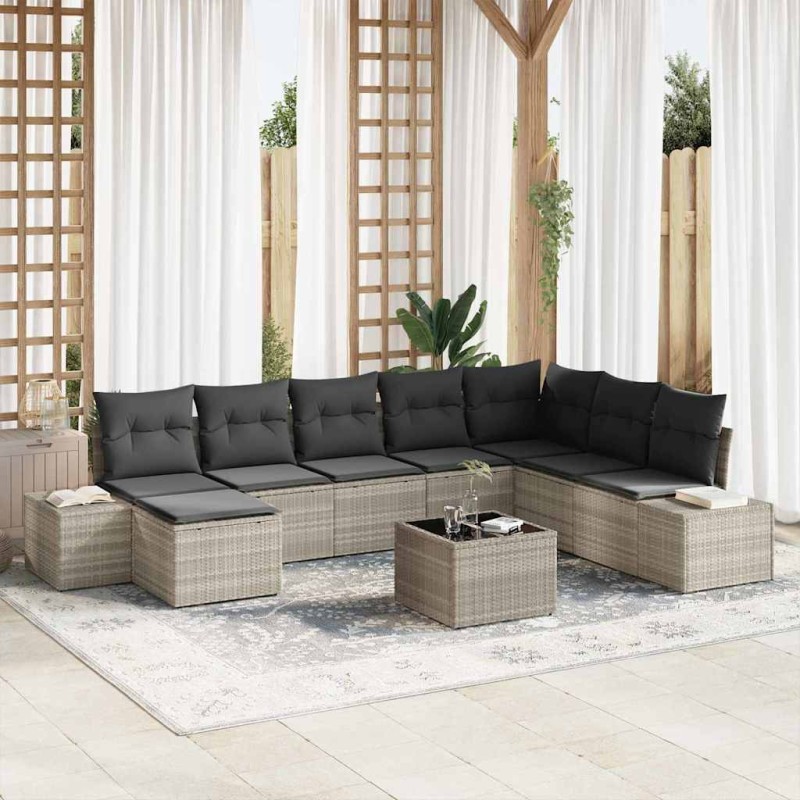 vidaXL Set giardino 9 pezzi con cuscini grigi in rattan polietilene