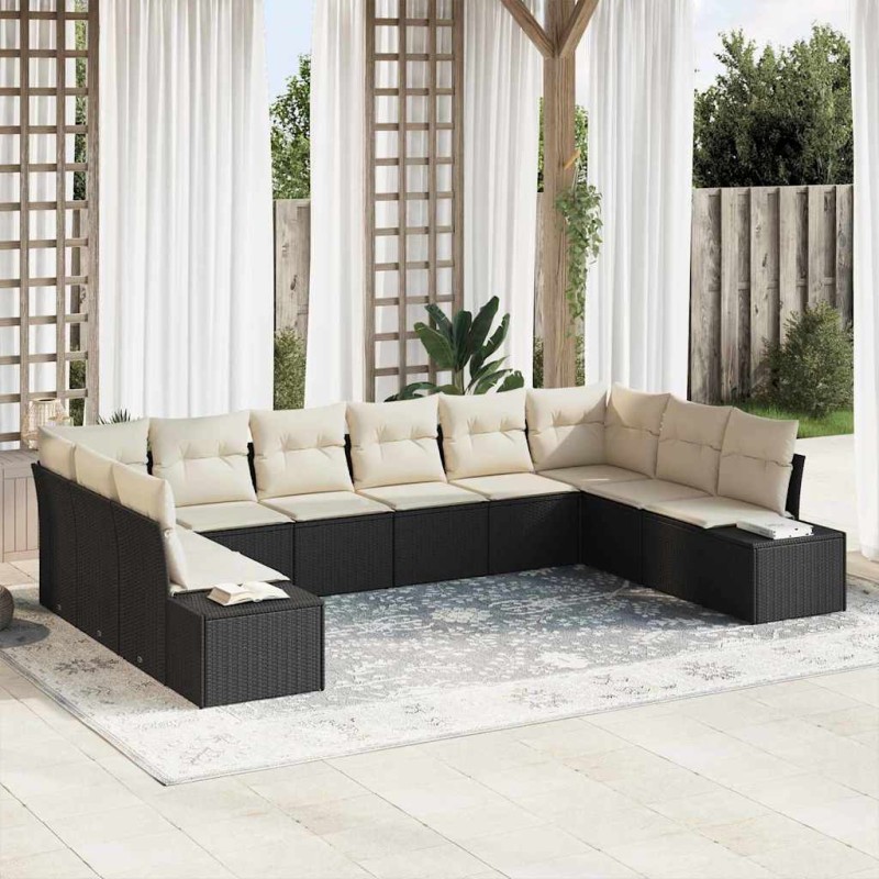 vidaXL Set di divani da giardino con dieci pezzi e cuscini neri in polyrattan